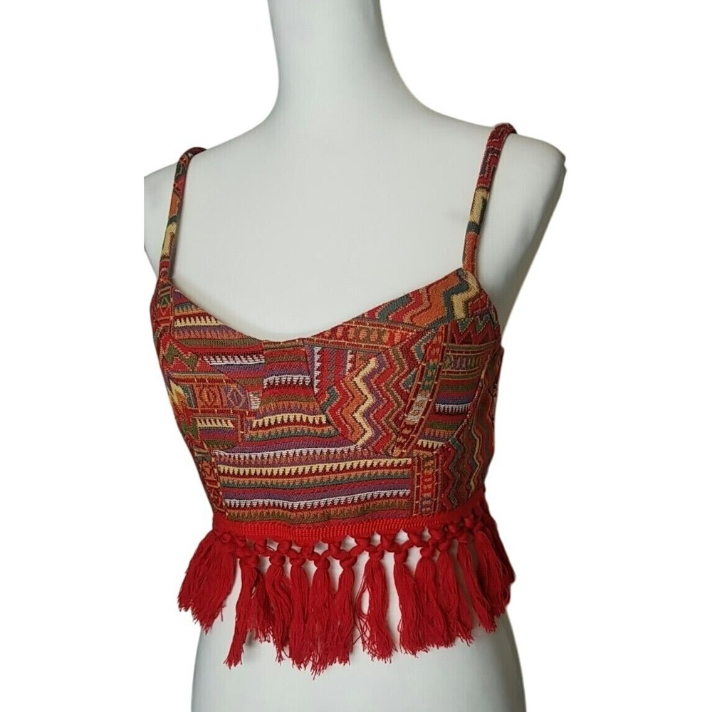 Cider Bohemian Aztec Print Crop Top With Tassel Fringe‎ Hem & Zipper Closure